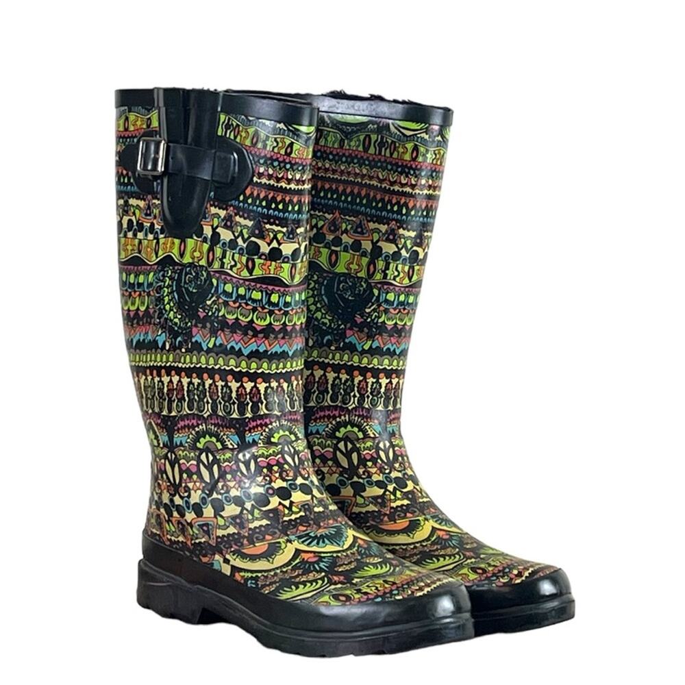 The Sak Sacroot Rain Boots Peace Love Boho Chunky Black Multi Women’s Size 7M